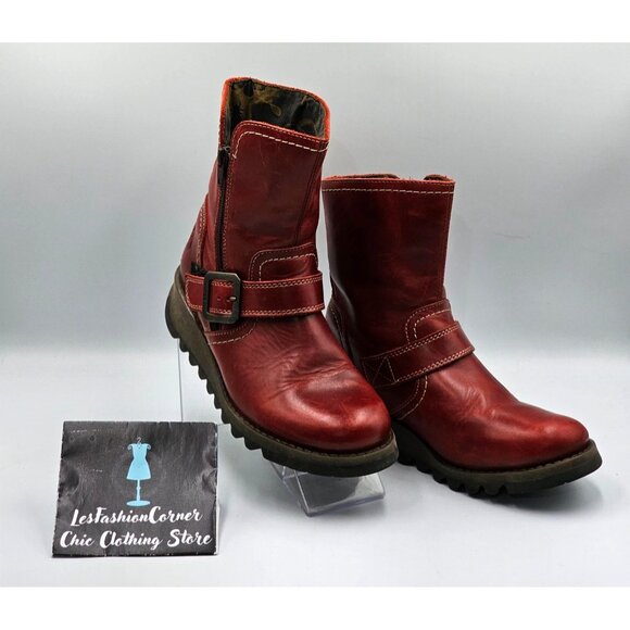 Fly London Women's Red  Leather Seku Wedge Buckled Ankle Boots Sz (5.5) 36 2907 - Picture 12 of 16